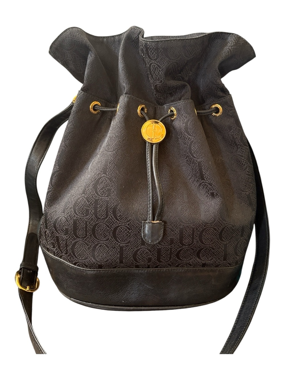 Vintage Gucci black leather tapestry bucket shoulder bag/ RARE /COA Included